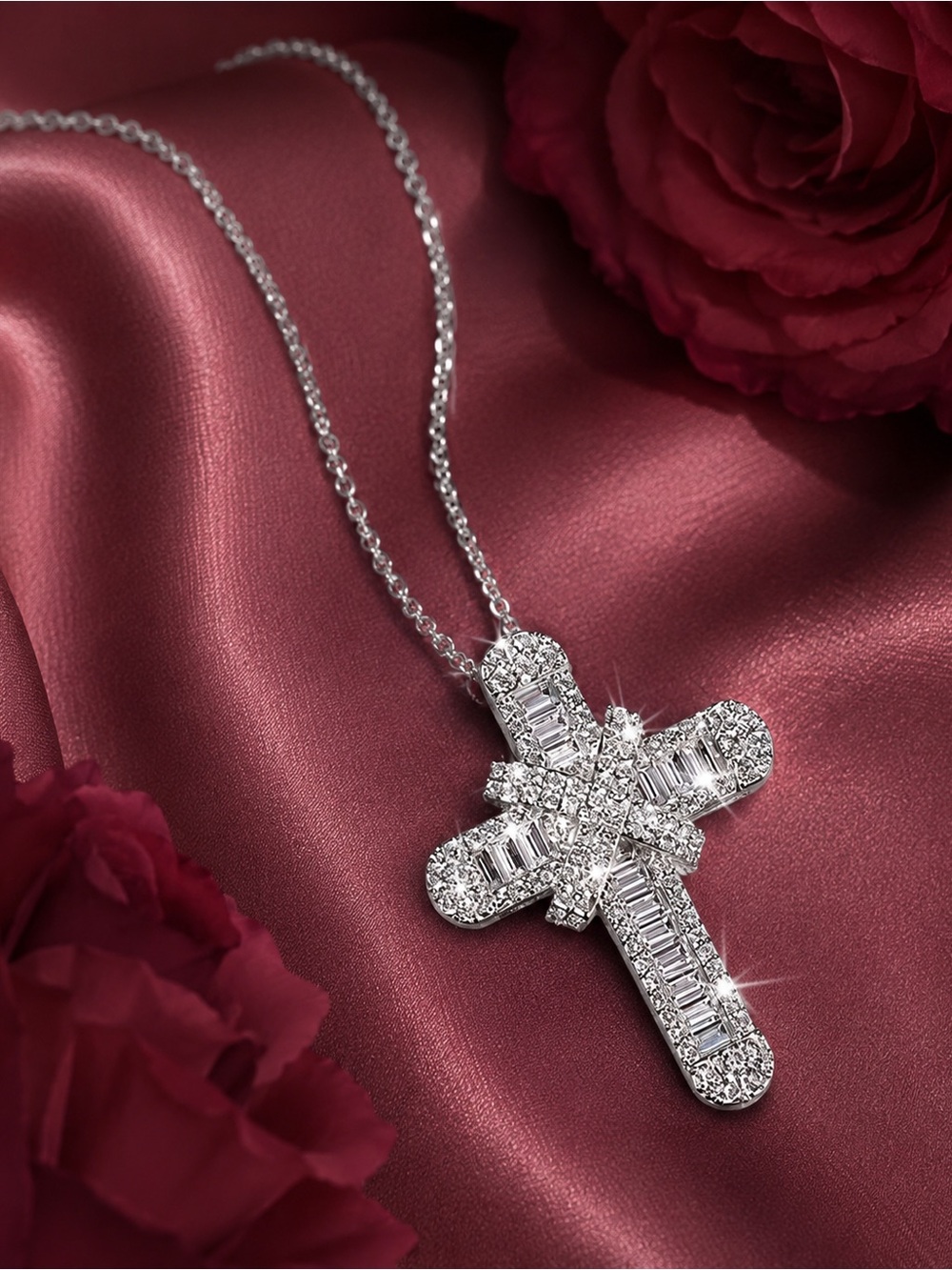 Silver Crystal Cross Pendant Necklace - Elegant Women’s Jewelry